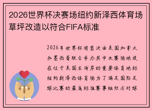 2026世界杯决赛场纽约新泽西体育场草坪改造以符合FIFA标准