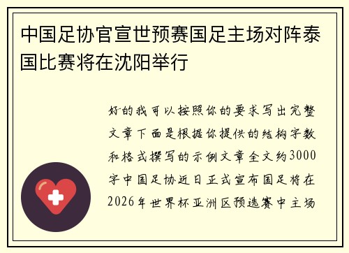 中国足协官宣世预赛国足主场对阵泰国比赛将在沈阳举行